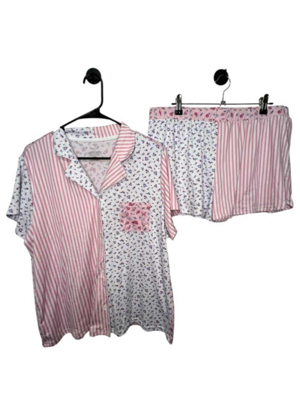 Tahari Floral And Striped Two Piece Short Sleeve Button Up Stretchy Pajama Set